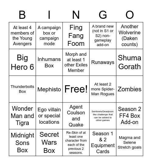 Marvel United Kickstarter Bingo Card