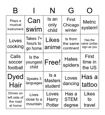 International Student Bingo IGSAB Bingo Card