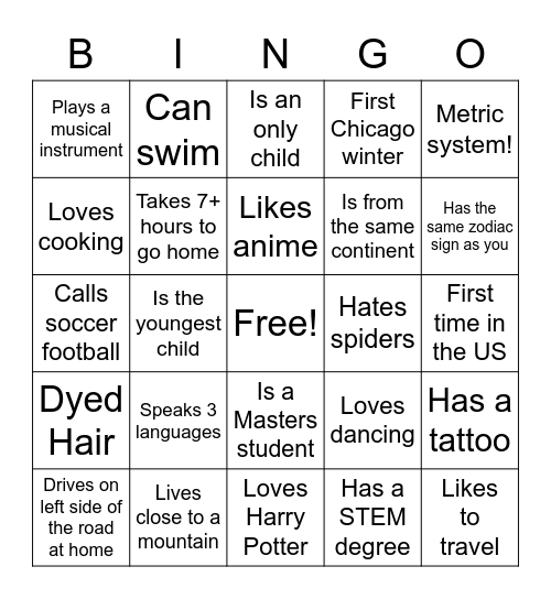 International Student Bingo IGSAB Bingo Card