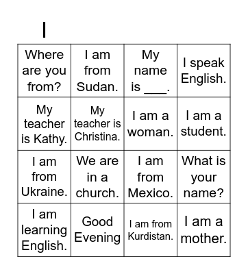 Learning English Bingo Card