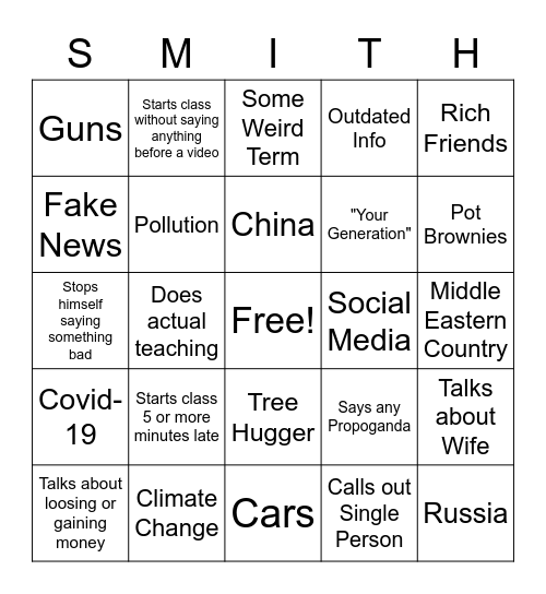 Smith Bingo Card