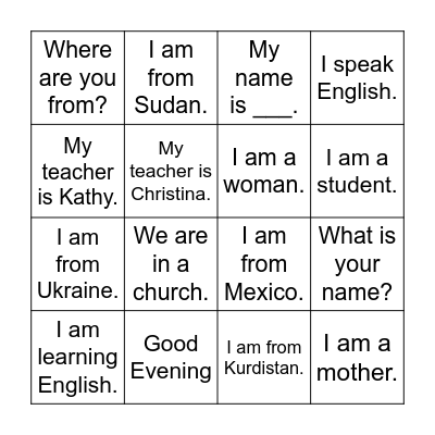 Learning English Bingo Card