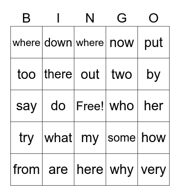 Heart Word BINGO Card