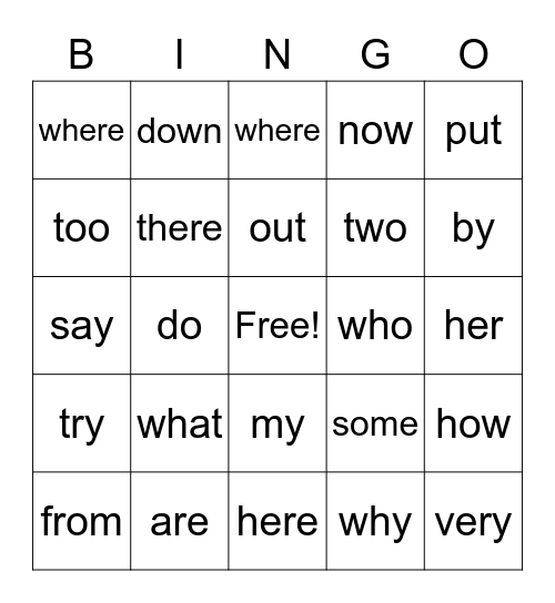 Heart Word BINGO Card