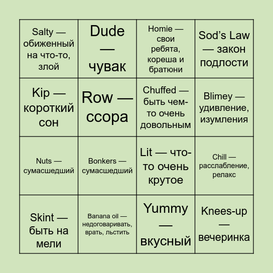 ПОПУЛЯРНЫЕ СЛЕНГОВЫЕ ВЫРАЖЕНИЯ Bingo Card