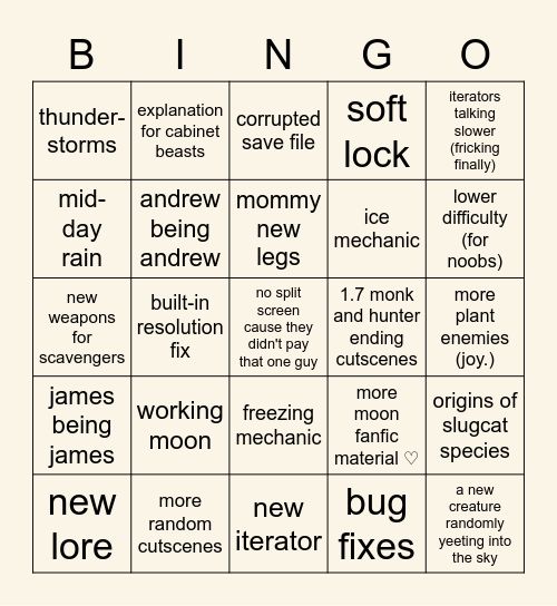 quick (and i do mean quick) rain world 1.7 bingo Card