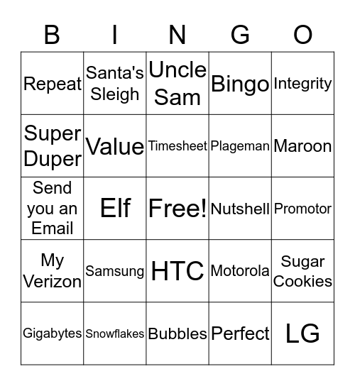 Verizon Wacky Word Bingo Card