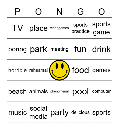 PONGO Bingo Card