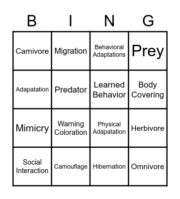 Animal Adaptations Bingo Card