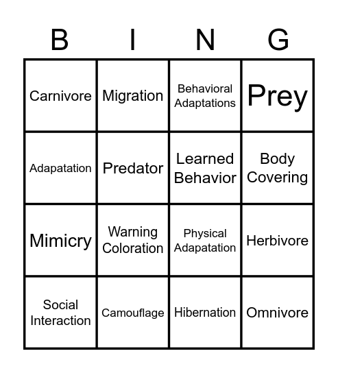 Animal Adaptations Bingo Card