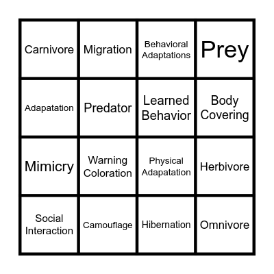 Animal Adaptations Bingo Card