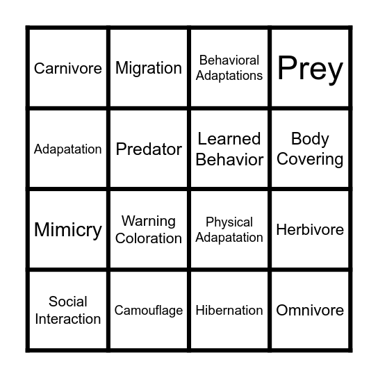 Animal Adaptations Bingo Card