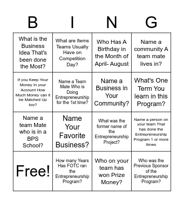 FOTC Entrepreneurship 23 Bingo Card