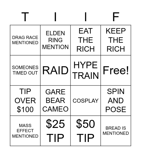 TIP-A-TILF Bingo Card