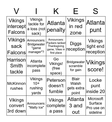 Vikings v. Falcons 11/29/15 Bingo Card