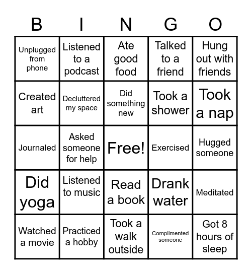 Self Care Bingo Card