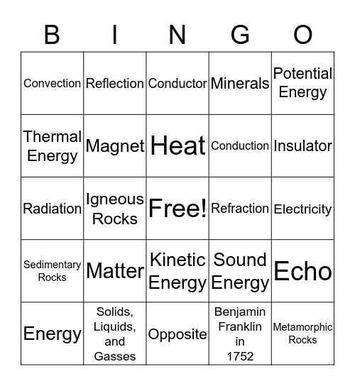 Matter, Energy and Rocks! Bingo Card