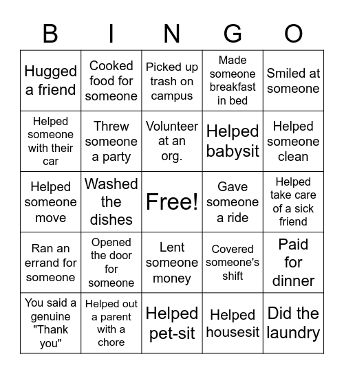 Acts of Service Bingo Card
