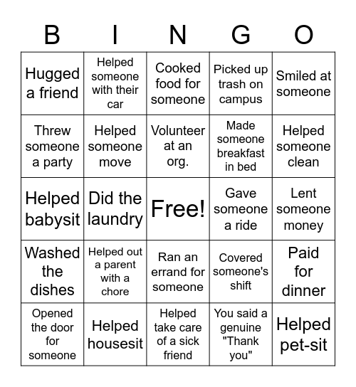Acts of Service Bingo Card