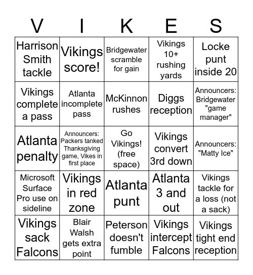 Vikings v. Falcons 11/29/15 Bingo Card