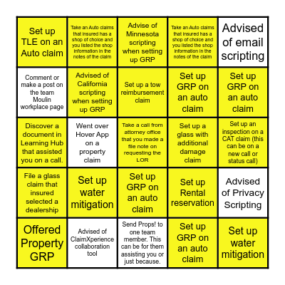 Amazing Race: Claims Addition Bingo Card