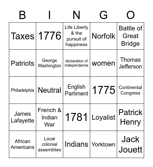 American Revolution Bingo Card