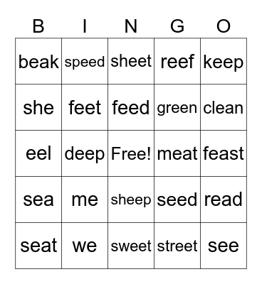 Long e, ee,ea Bingo Card