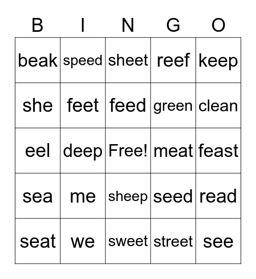 Long e, ee,ea Bingo Card