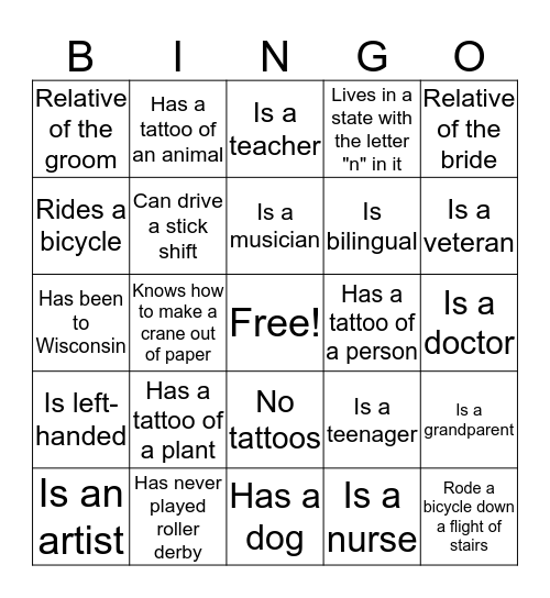 Wedding Bingo! Go talk to some strangers! Bingo Card