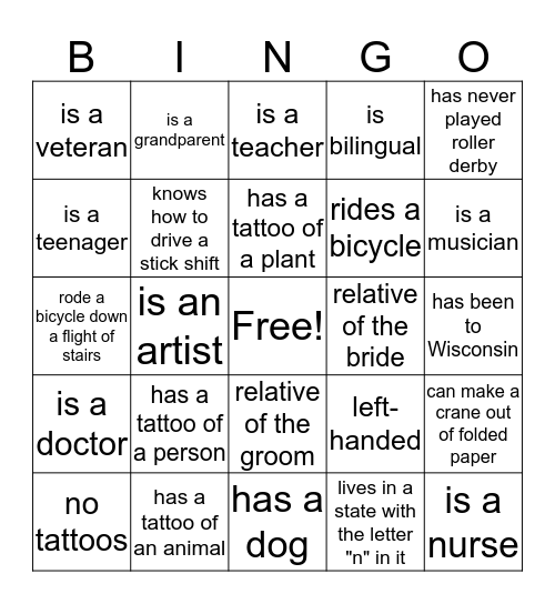 Wedding Bingo! Go talk to some strangers! Bingo Card
