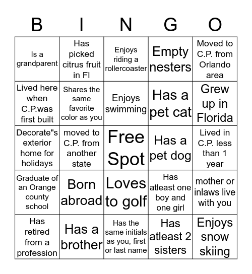 Courtleigh Park Neighbors Bingo Card