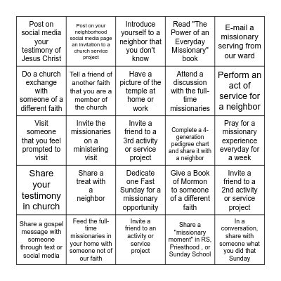 2023 Nocatee Ward Mission Plan Bingo Card