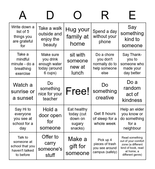 Kindness Bingo Card