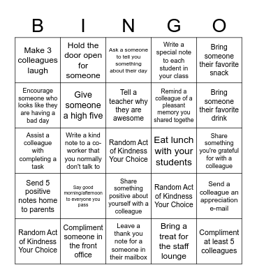 Random Acts of Kindness Bingo Card