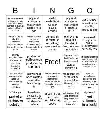 5th Grade Science Bingo Card