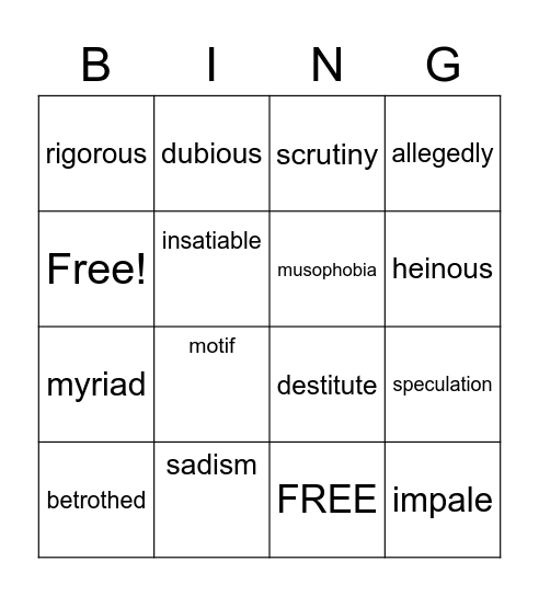 Elizabeth Bathory Bingo Card