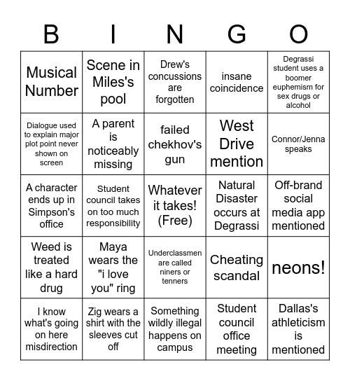 Degrassi S14 Bingo Card