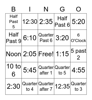 Telling Time Bingo Card