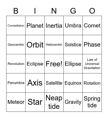 Earth Sun Moon Bingo Card