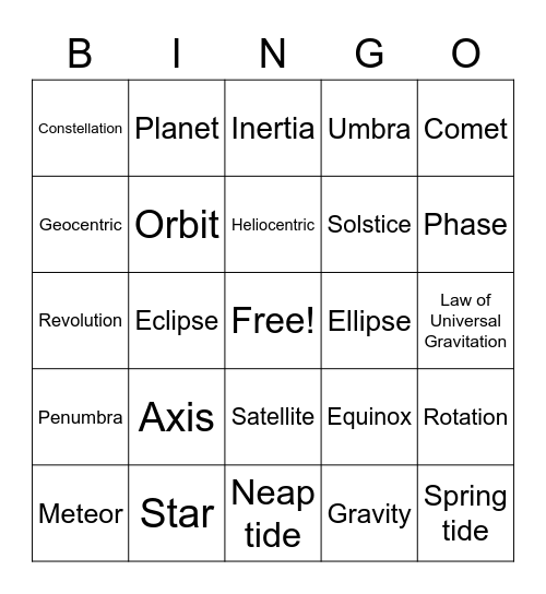 Earth Sun Moon Bingo Card