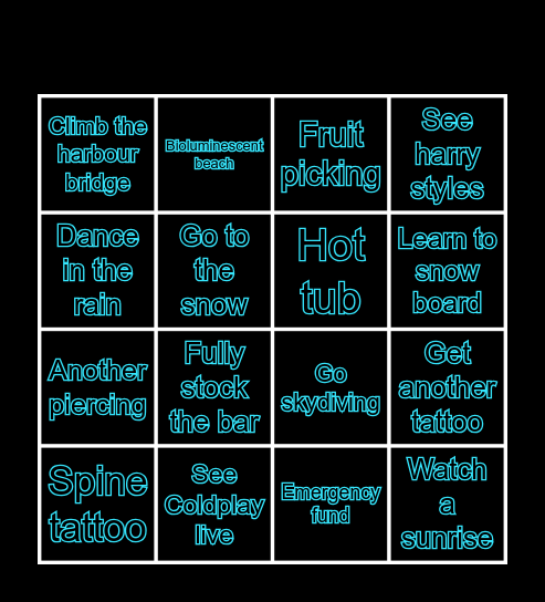 bucket list Bingo Card