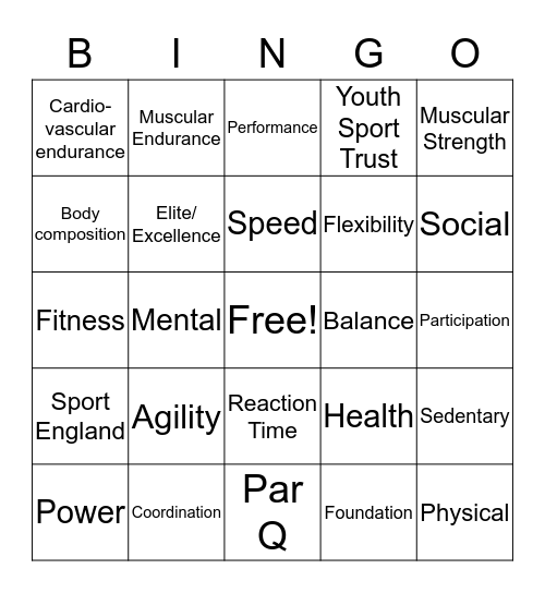 Healthy Active Lifestyles Bingo Card
