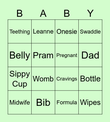 Leanne and Rafael's Baby Bingo Card