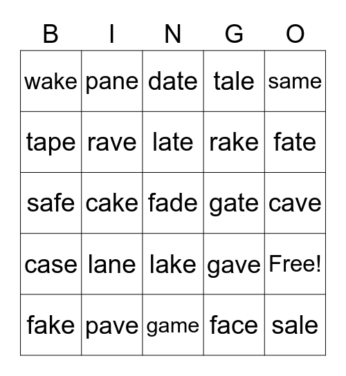 a-e Bingo Card