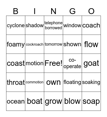 Long ‘o’ sound: 'oa' and 'ow' Bingo Card