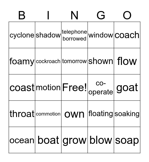 Long ‘o’ sound: 'oa' and 'ow' Bingo Card