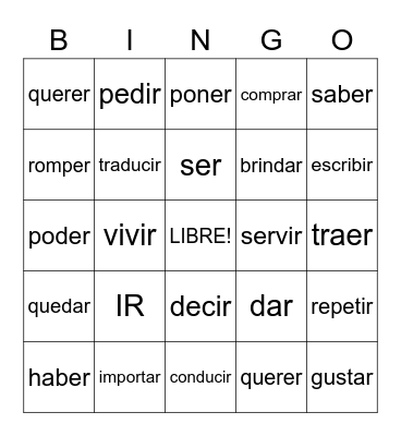 Spanish Verbs (Preterite- Simple Past) Bingo Card