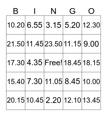 What time is it? Bingo Card