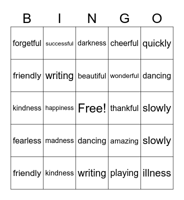 Suffix Bingo Card