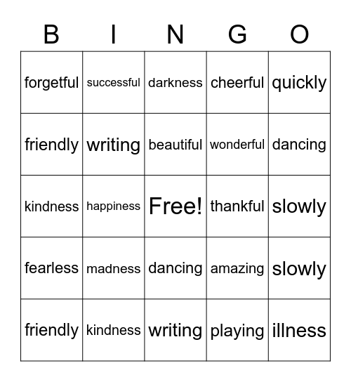 Suffix Bingo Card